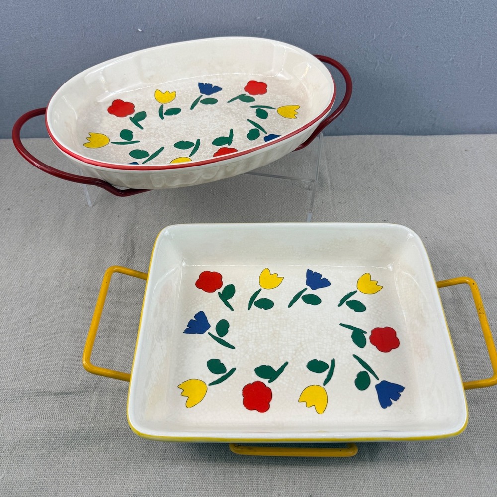 Vintage Tulip Pattern Baker Set w/ Red & Yellow Wire Carriers MCM Pottery